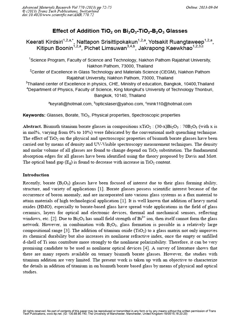 Effect of Addition TiO2 On Bi2O3-TiO2-B2O3 Glasses | PDF | Glasses ...