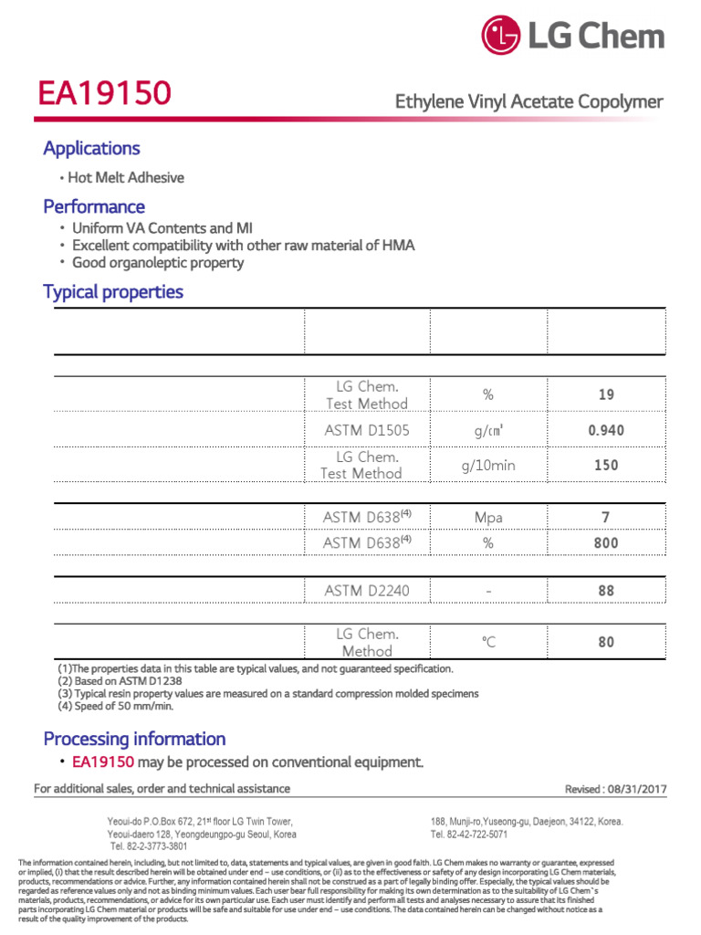 Ethylene Vinyl Acetate Copolymer EA19150 | PDF | Materials | Physical ...