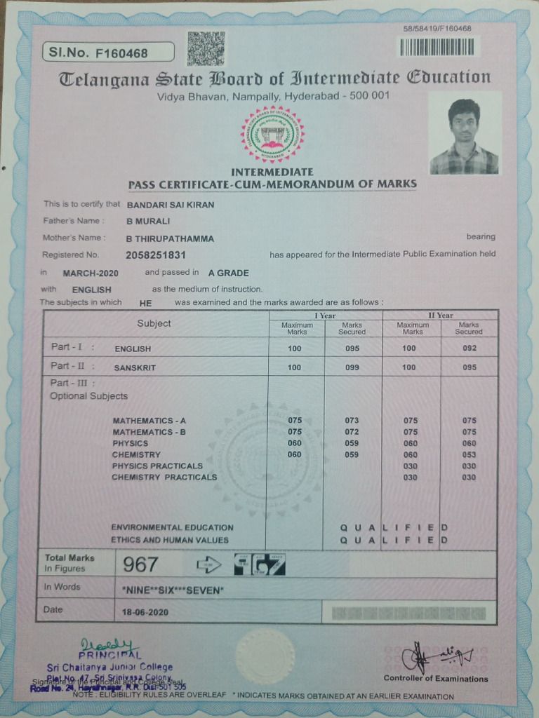 Intermediate Marks Memo Certificate | PDF