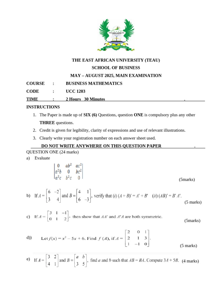 Business Mathematics Exam Paper 2025 | PDF | Differential Calculus ...