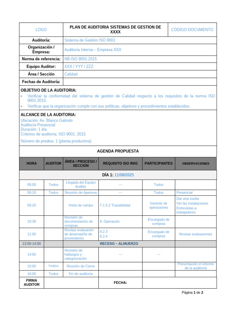 Auditoría ISO 9001: Plan y Agenda 2025 | PDF | Auditoría | Sistema de ...