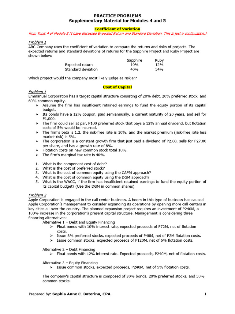Coefficient of Variation and WACC Practice Problems | PDF | Cost Of ...