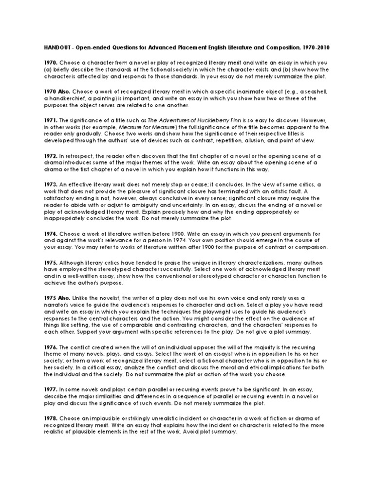 AP Literature Open-Ended Prompts 1970-2010 | PDF | The Awakening ...