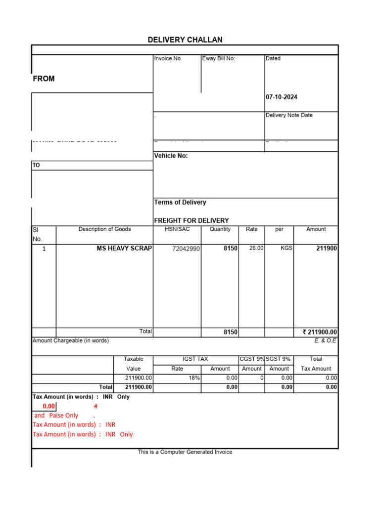 Invoice and Delivery Challan for MS Scrap | PDF