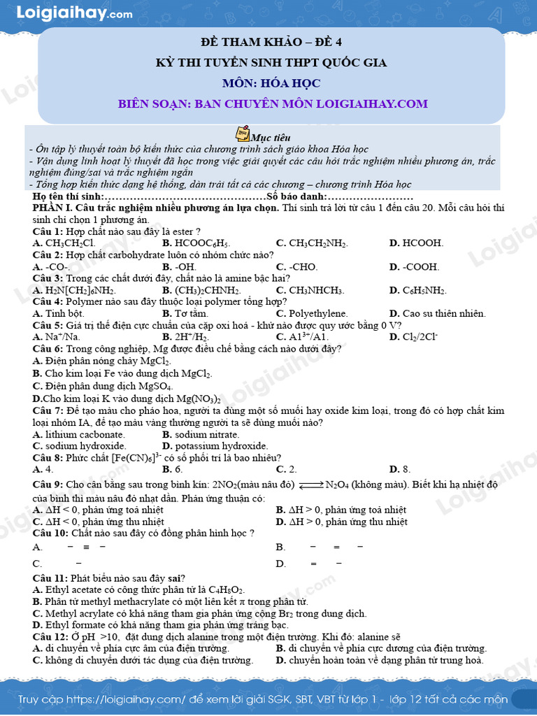 De Tham Khao Thi Hoa THPT de So 4 Co Loi Giai Chi Tiet 1737433707 | PDF