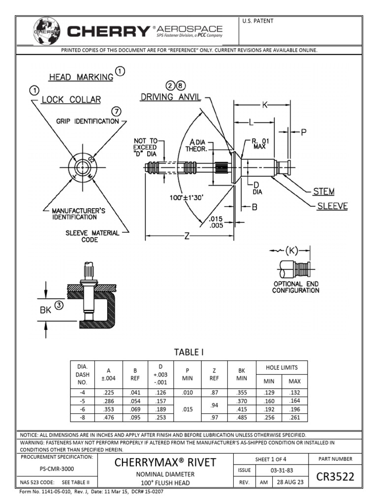 Cherrymax® Rivet Specification CR3522 | PDF | Rivet | Industrial Processes