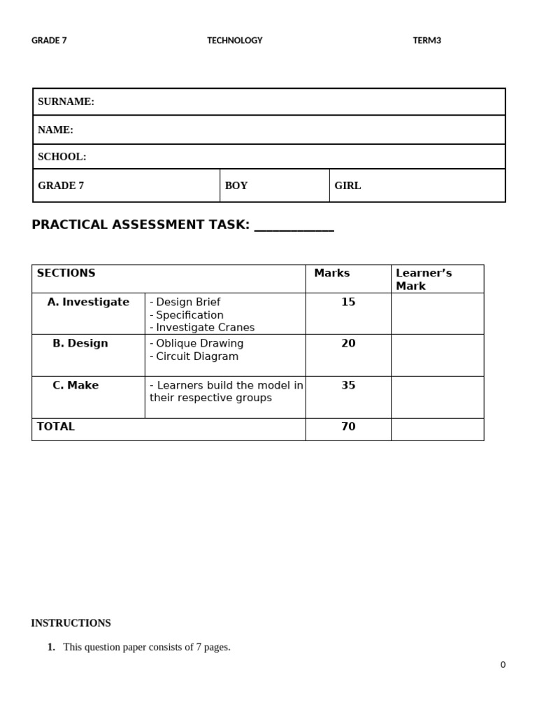 Grade 7 Technology Crane Project Guide | PDF | Prototype | Drawing