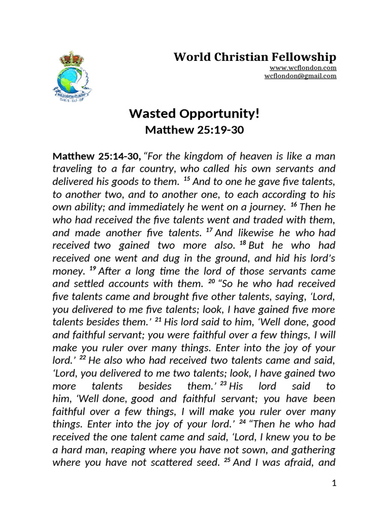 Matthew 25-19-30 Wasted Oppurtunity | PDF | Jesus | Glory (Religion)