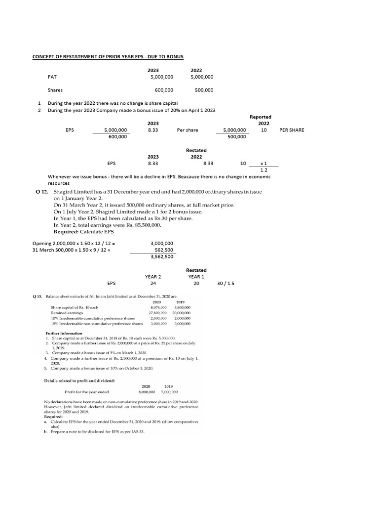 Restatement of EPS Due to Bonus Issues | PDF | Earnings Per Share ...