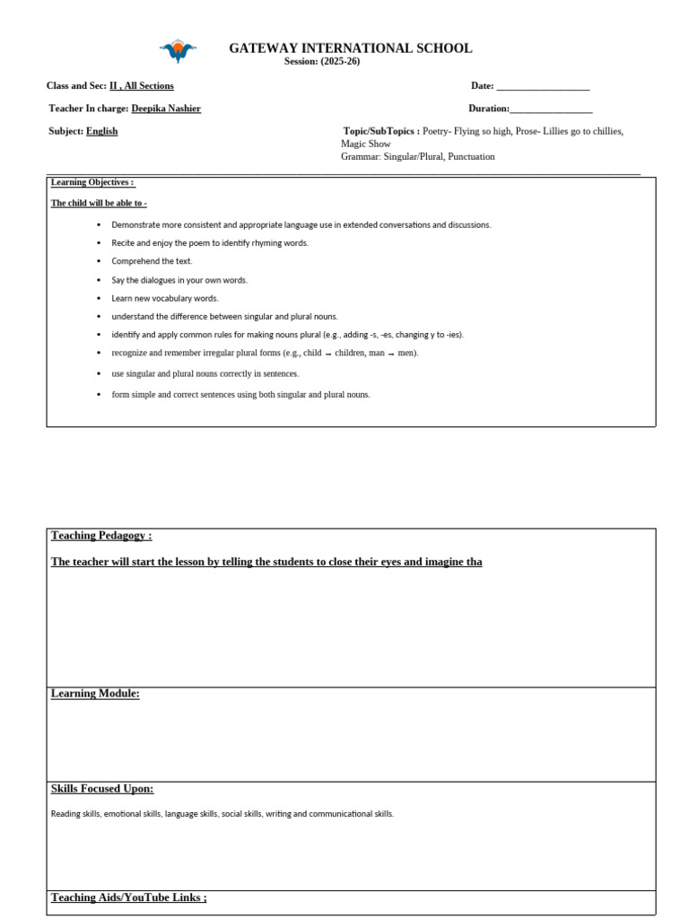 English Lesson Plan for Class II | PDF