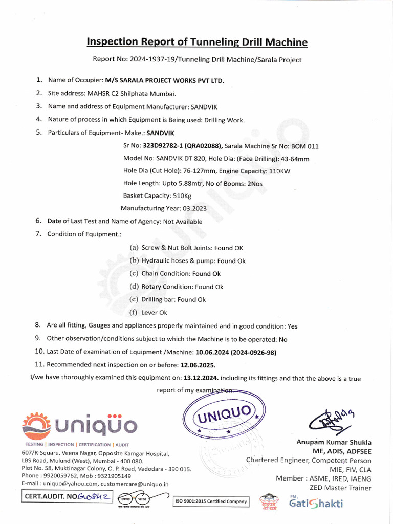 Tunneline Drill Machine Inspection Report | PDF | Chess Theory | Chess