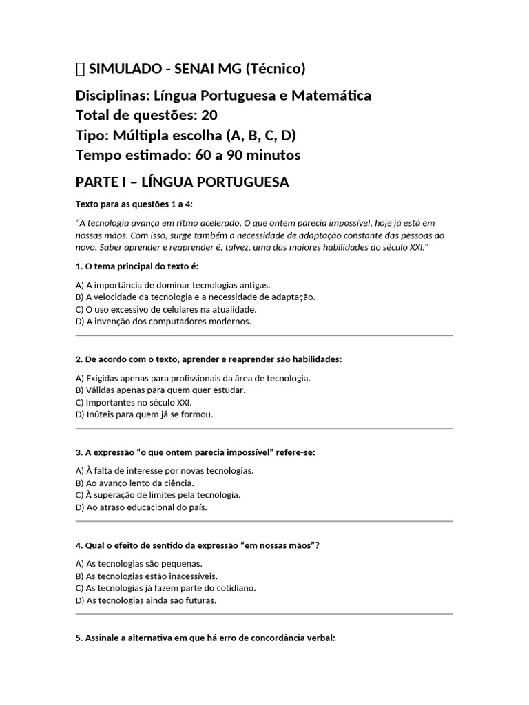 Simulado SENAI MG: Língua e Matemática | PDF | Assunto (gramática ...