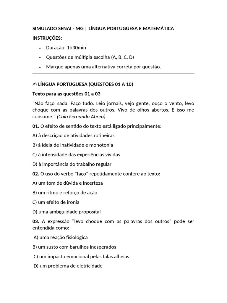 Simulado Senai | PDF | Linguística | Mecânica da linguagem