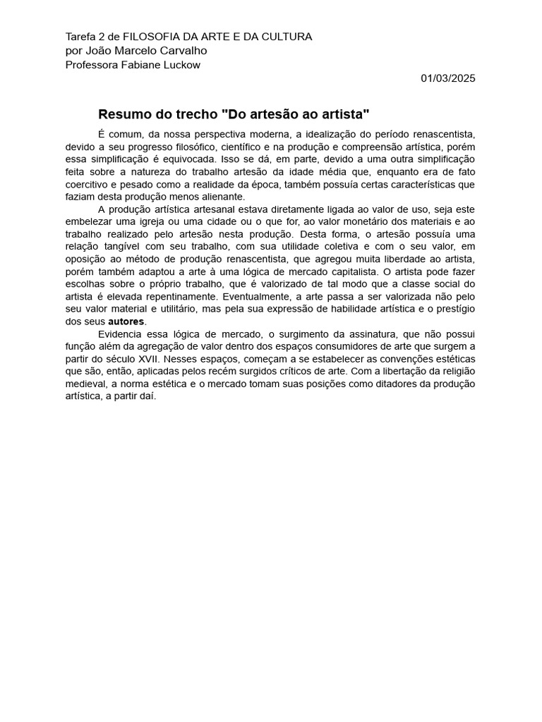 Resumo Do Trecho _Do Artesão Ao Artista_ | PDF