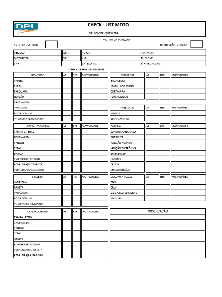 check list moto | PDF | Veículo motorizado | Indústria automobilística