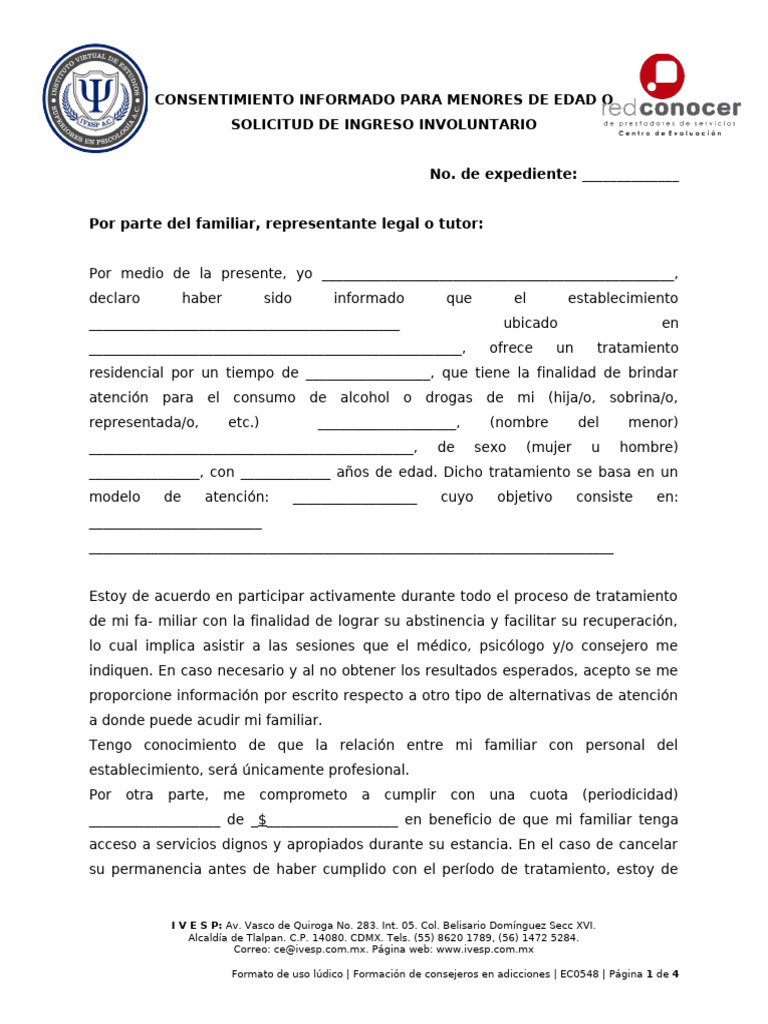 Consentimiento Informado Para Menores De Edad O Solicitud De Ingreso 
