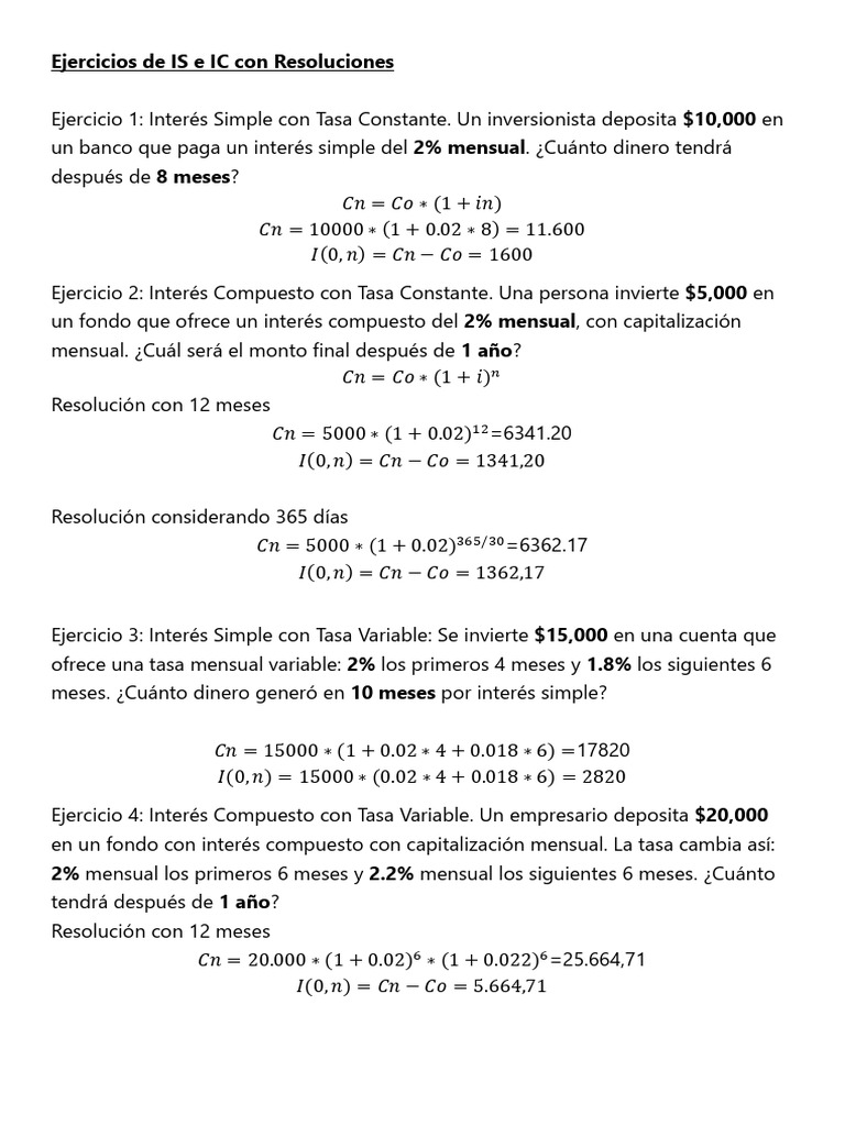 Ejercicios de Interés Simple y Compuesto | PDF | Servicios financieros ...