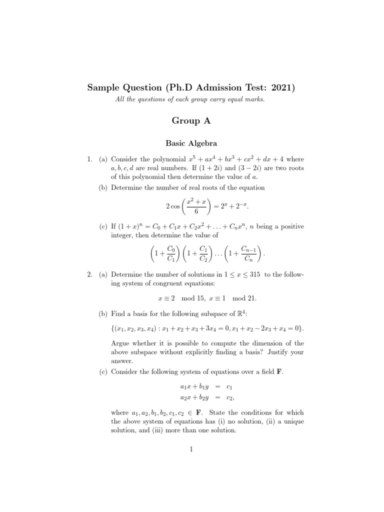 Ph.D Admission Test Sample Questions | PDF | Group (Mathematics ...
