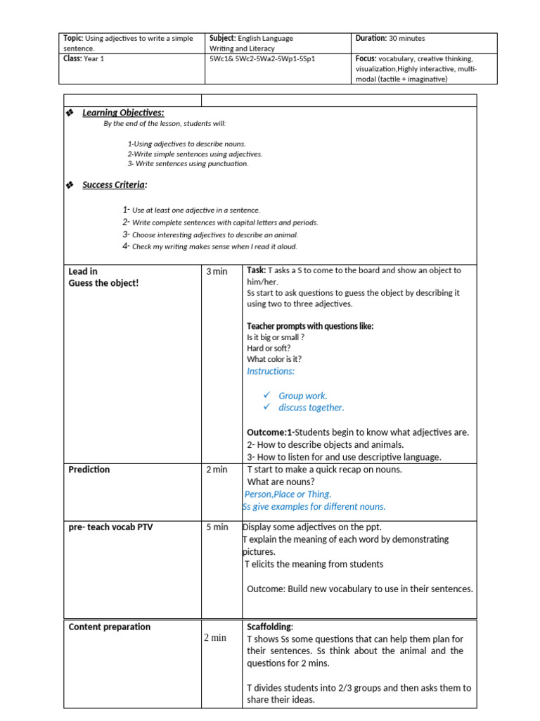 Descriptive Writing Lesson Plan | PDF | Hypnosis | Adjective