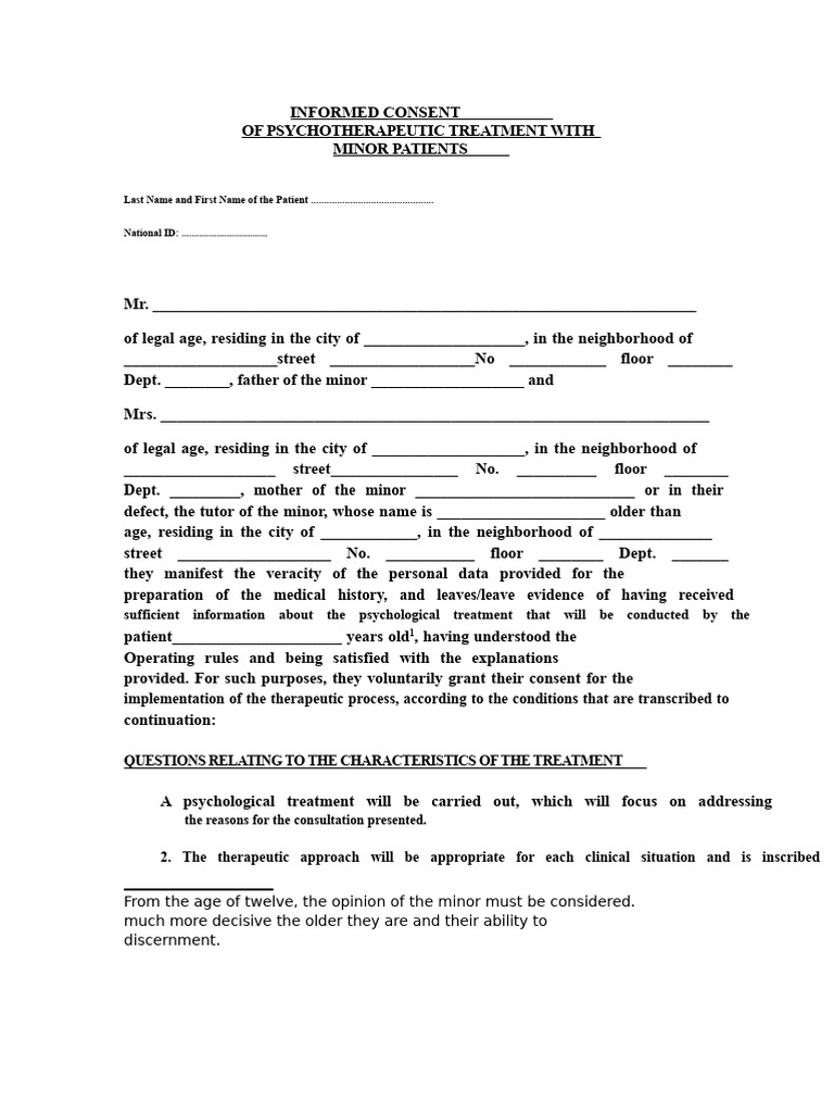 Informed Consent for Minor Psychotherapy | PDF | Informed Consent ...