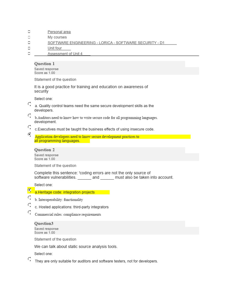 Software Security Assessment Quiz | PDF | Software Development ...