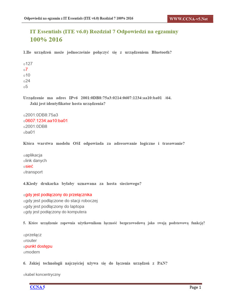 IT Essentials ITE v6.0 Rozdział 7 Odpowiedzi Na Egzamin 100 2016 | PDF