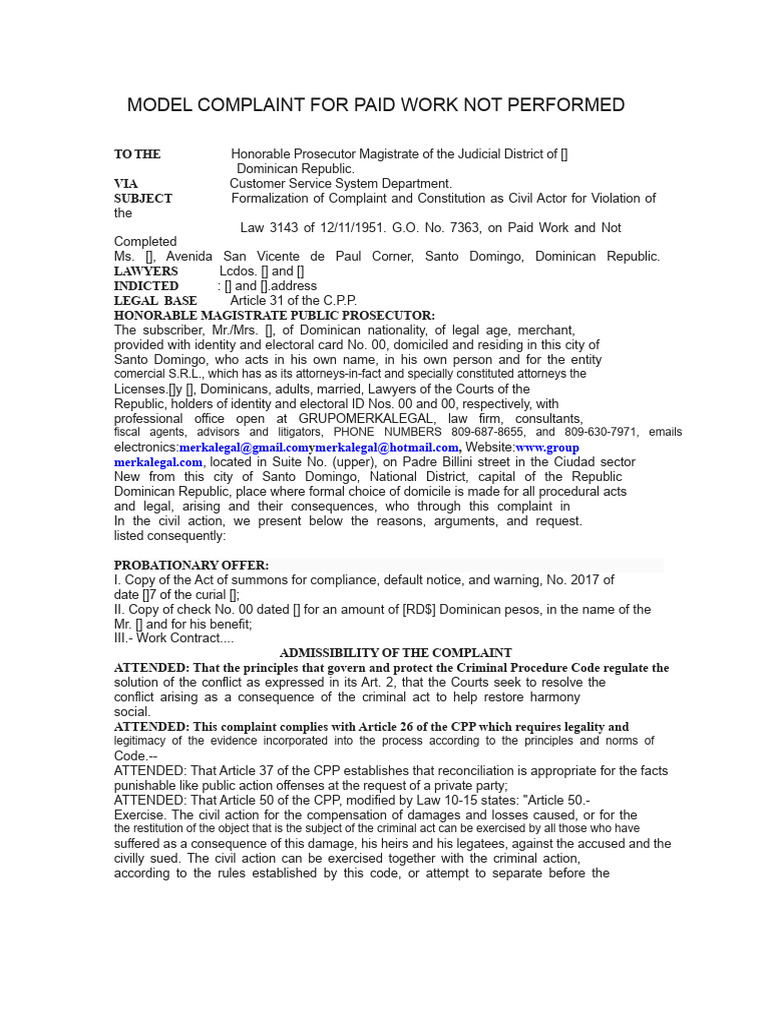 Complaint For Paid But Not Completed Work | PDF | Lawsuit | Complaint