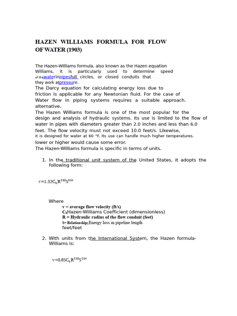 58761485-Hazen-Williams Formula For Water Flow | PDF | Mechanical ...