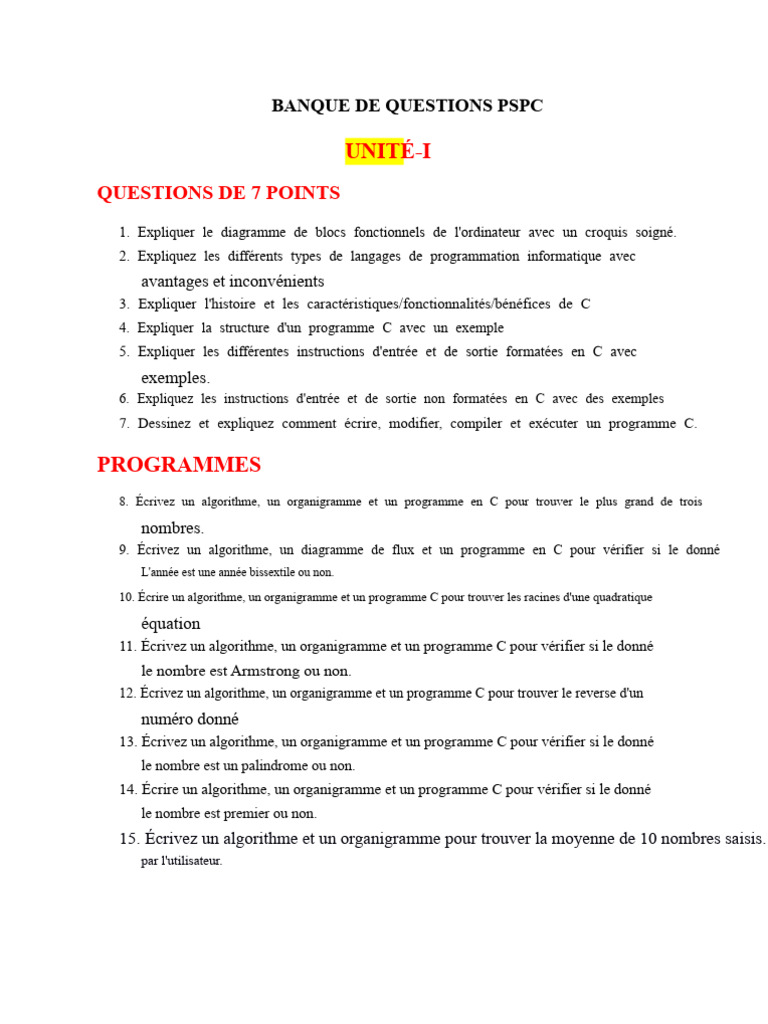 Questions et Programmes en C pour PSPC | PDF | Structure de contrôle ...
