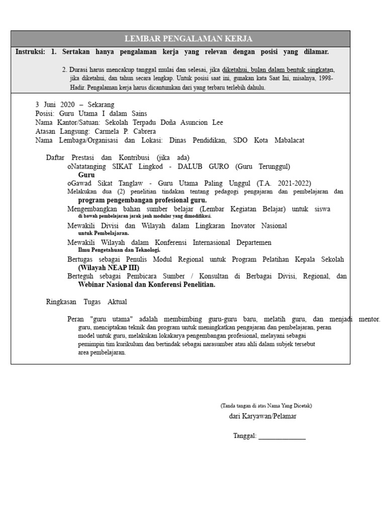 Lampiran Form Cs No. 212 - Lembar Pengalaman Kerja | PDF
