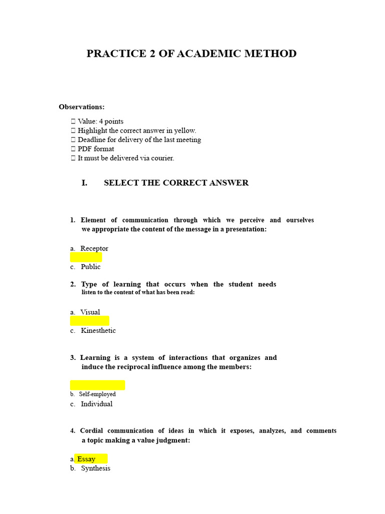 Academic Method Practice Questions | PDF | Communication | Learning