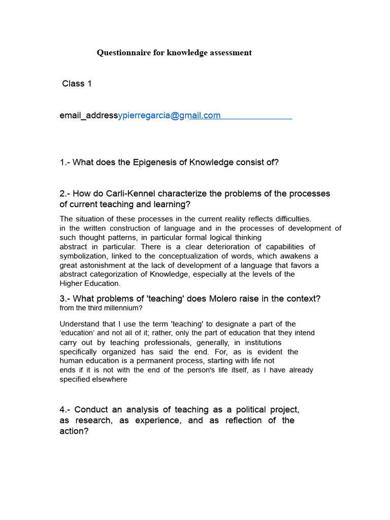 Knowledge Assessment Questionnaire Class 1 | PDF
