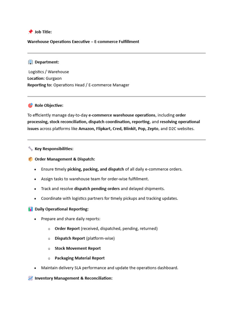 E-commerce Warehouse Operations Executive | PDF | Warehouse | Logistics