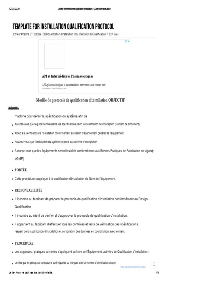 Modèle de protocole de qualification d'installation | PDF | Cookie ...
