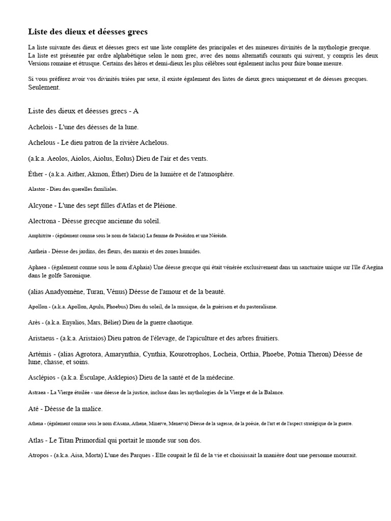 Liste des dieux et déesses grecs | PDF | Mythologie grecque | Zeus