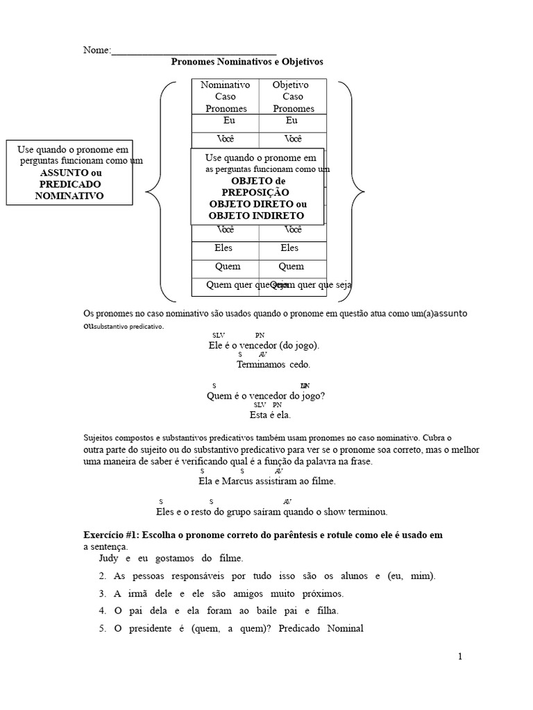 Pronomes Nominativos e Objetivos: Guia Completo | PDF | Pronome ...