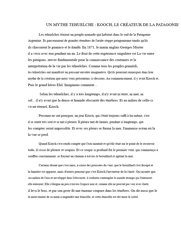 Mythe Tehuelche : Kooch et la création | PDF