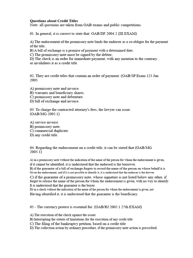 Questions About Credit Titles | PDF | Negotiable Instrument ...