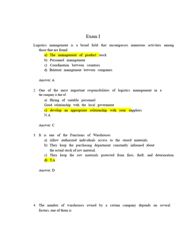 Logistics Management Exam Questions | PDF | Logistics | Warehouse