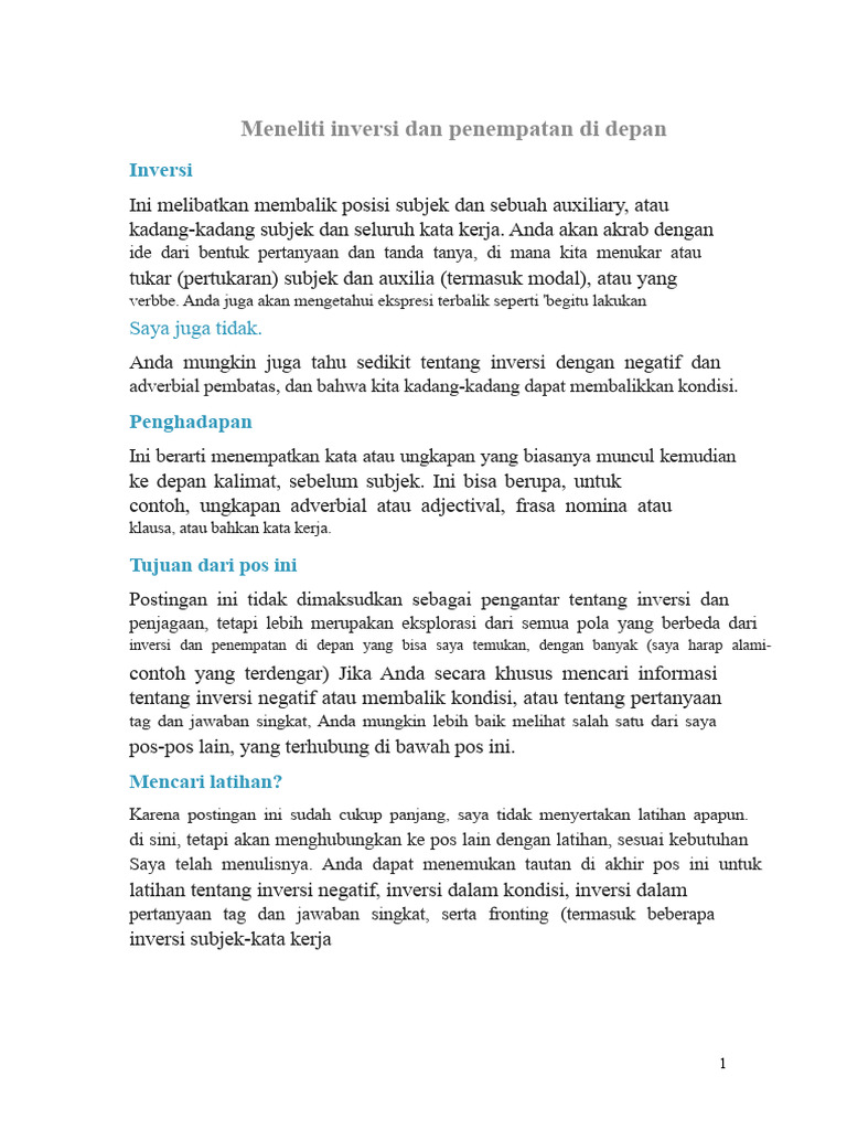 Inversi dan Penempatan di Depan dalam Bahasa Inggris | PDF