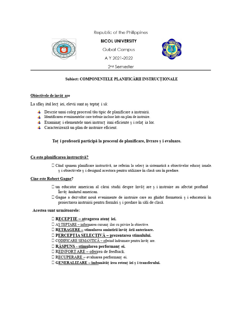 Componentele Planificării Instrucționale | PDF