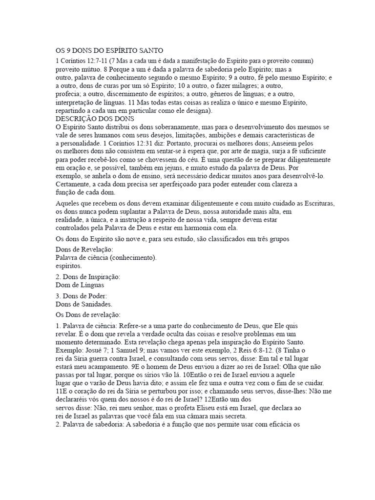Os 9 Dons Do Espírito Santo | PDF | Presente espiritual | Deus