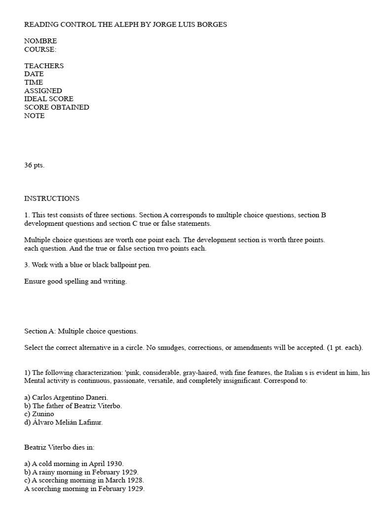 Aleph by Borges: Test Questions & Answers | PDF