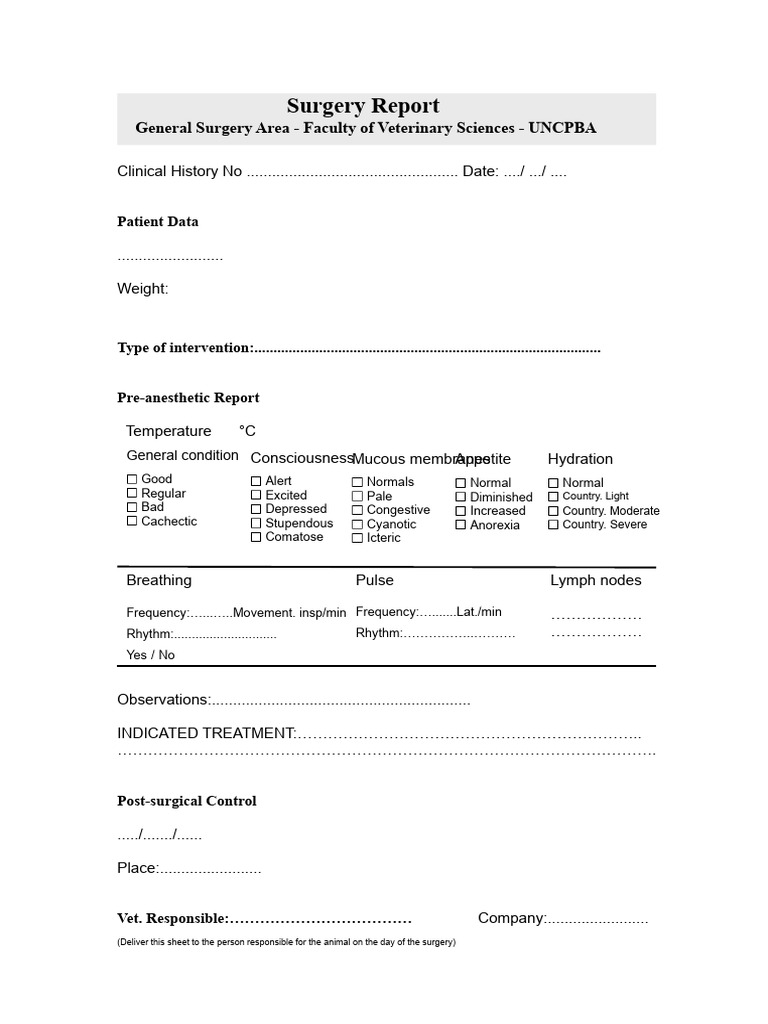 Veterinary Surgery Report Template | PDF | Surgery | Anesthesia