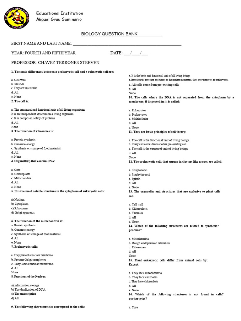 Biology Question Bank for Students | PDF | Cell (Biology) | Cytoplasm