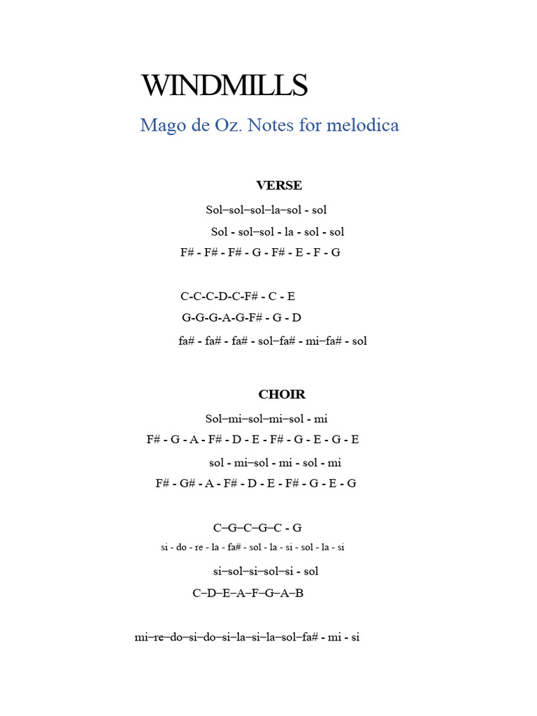 Windmills Notes For Melodica PDF | PDF