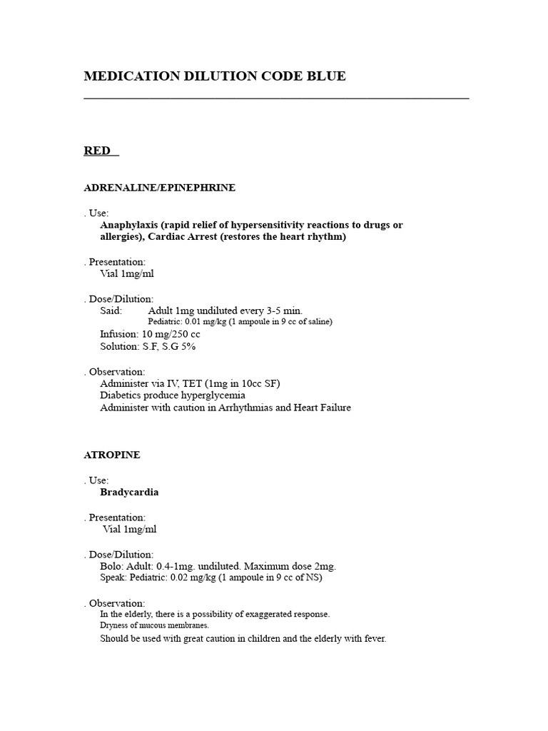 Code Blue Medication Dilution Guide | PDF | Intravenous Therapy ...
