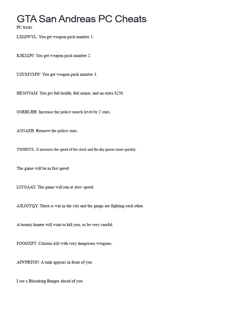 GTA San Andreas Cheat Codes Guide | PDF