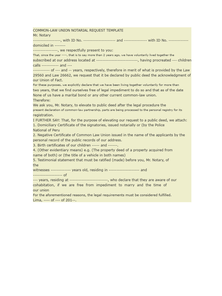 Common-Law Union Notarial Request Template | PDF
