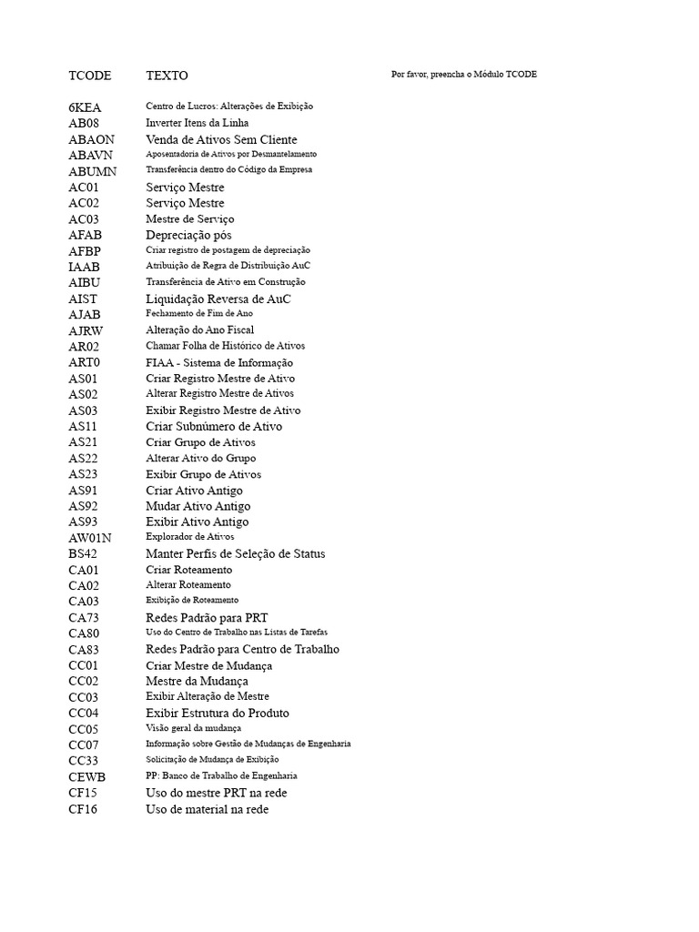 Módulo TCODE: Instruções e Funções | PDF | Despesa | Contabilidade